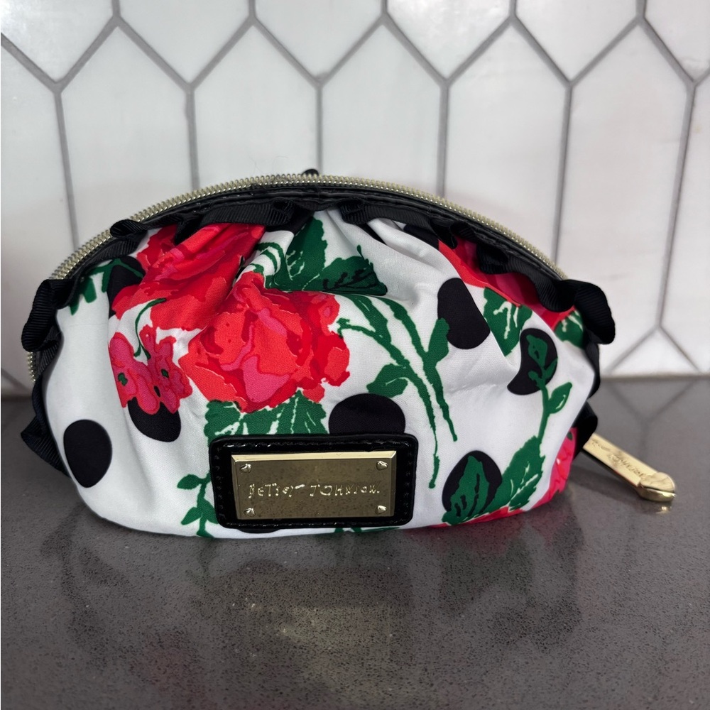 Betsey Johnson White Floral & Black Polka Dot Makeup Pouch with Gold Hardware